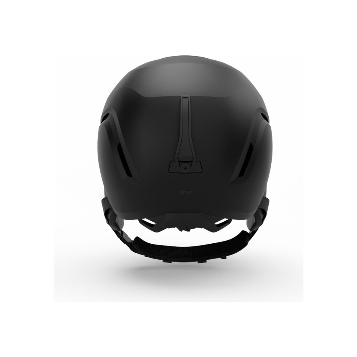Zwarte skihelm vooraanzicht met verstelbare kinband en ventilatiesleuven op witte achtergrond