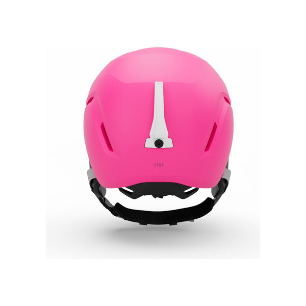 Roze skihelm met ventilatieopeningen en verstelbare binnenvoering, vooraanzicht op witte achtergrond