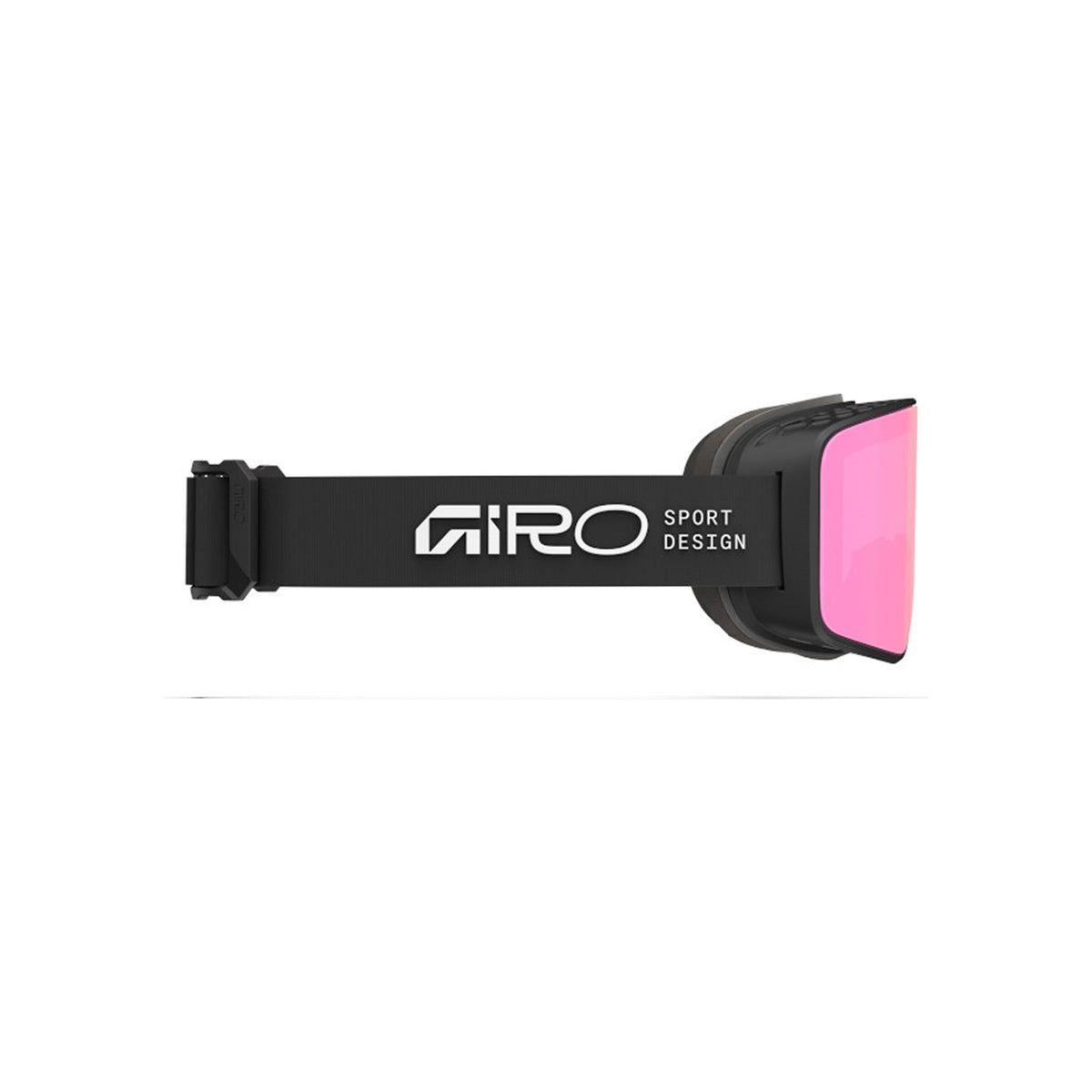 Giro skibril met zwart frame, roze lens en zwarte band - zijaanzicht van snowboardbril