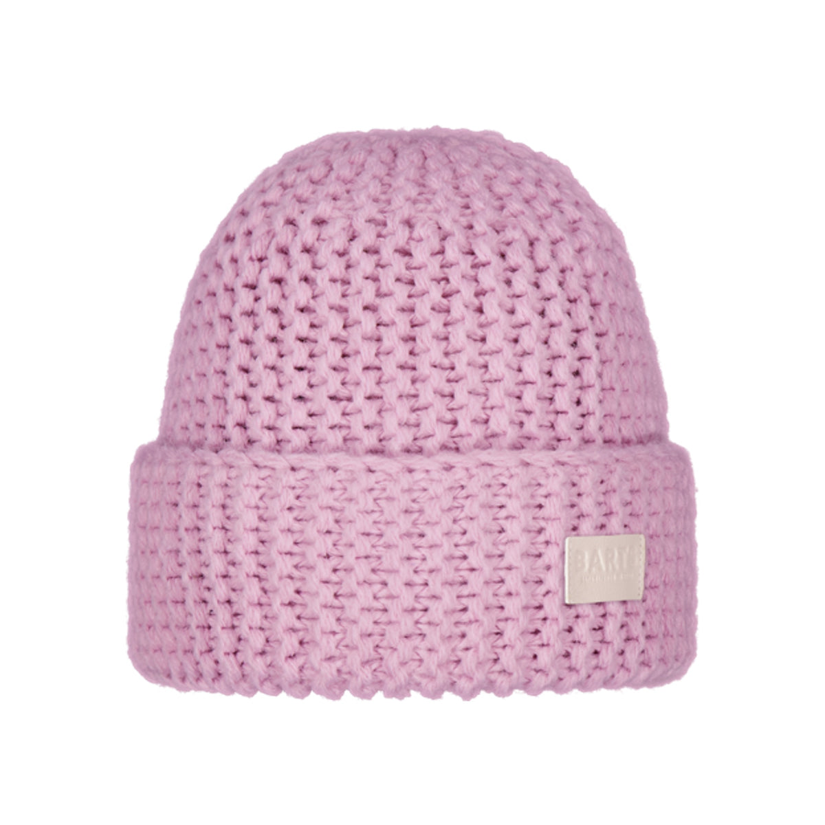 Roze gebreide muts met omgeslagen rand en merklogo label