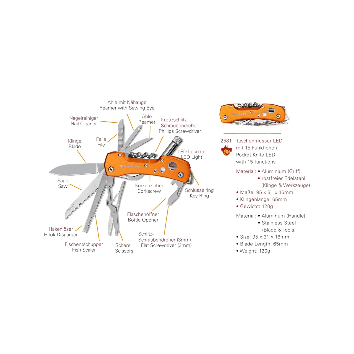 Munkees Pocket Knife LED - orange