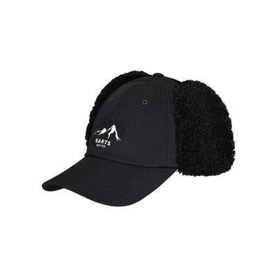 Zwarte winterpet met oorflappen en berglogo, warme trappermuts voor outdoor activiteiten