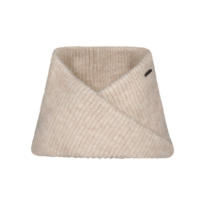 Beige gebreide col sjaal met geribbelde textuur en kruisende voorkant