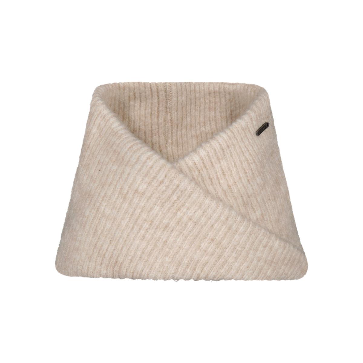 Beige gebreide col sjaal met geribbelde textuur en kruisende voorkant