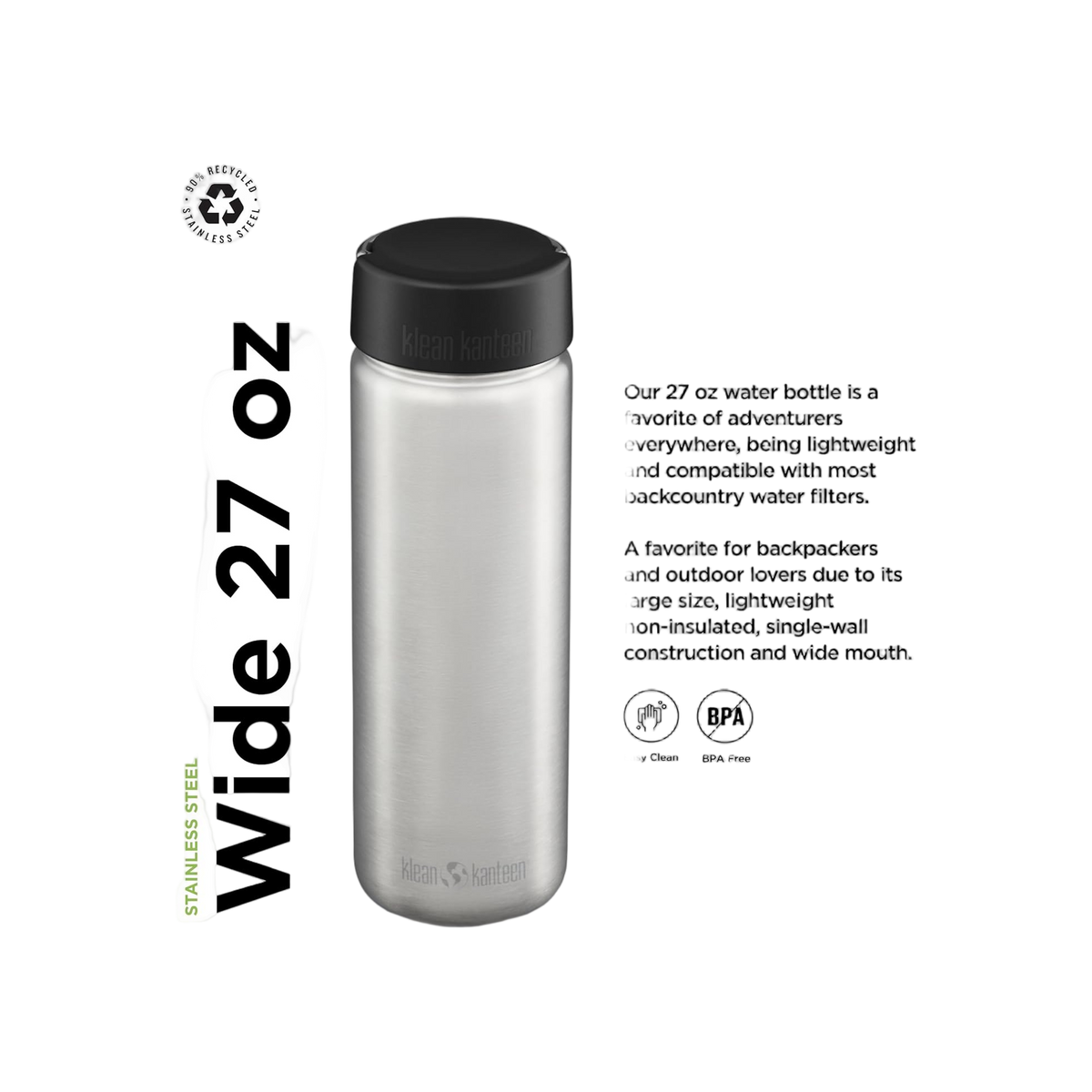 Klean Kanteen Drinkfles Classic Wide met ringdop, 800ml/27oz