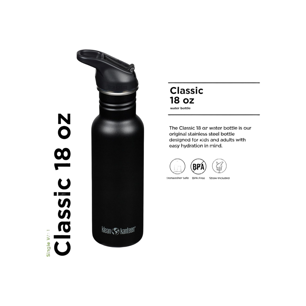 Klean Kanteen Classic Single Wall 532ml/18oz met Flip Seal Sport Cap