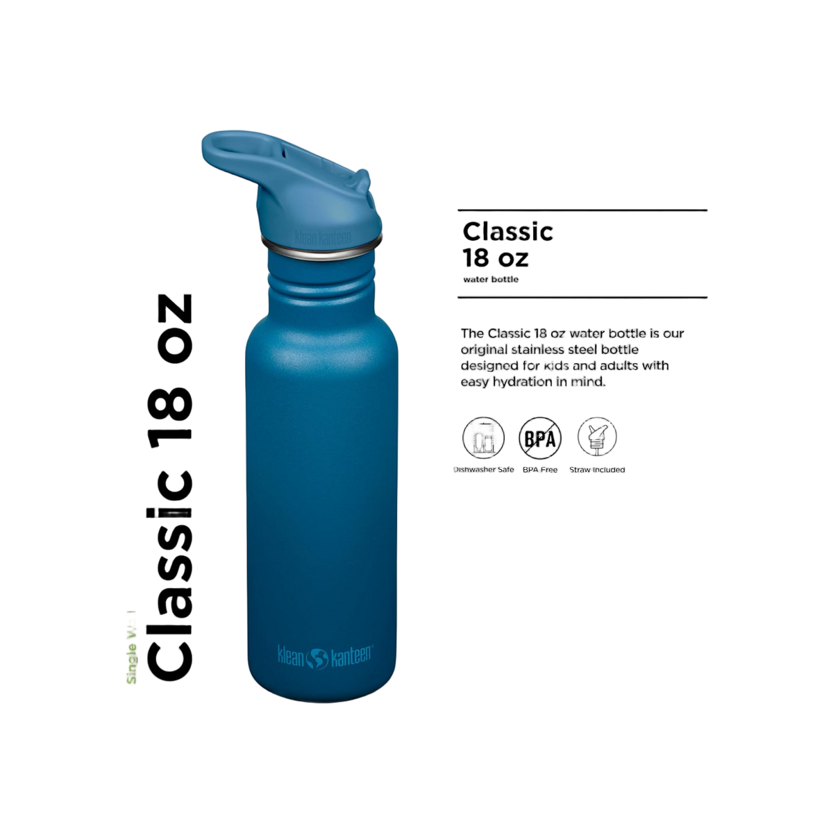 Klean Kanteen Classic Single Wall 532ml/18oz met Flip Seal Sport Cap