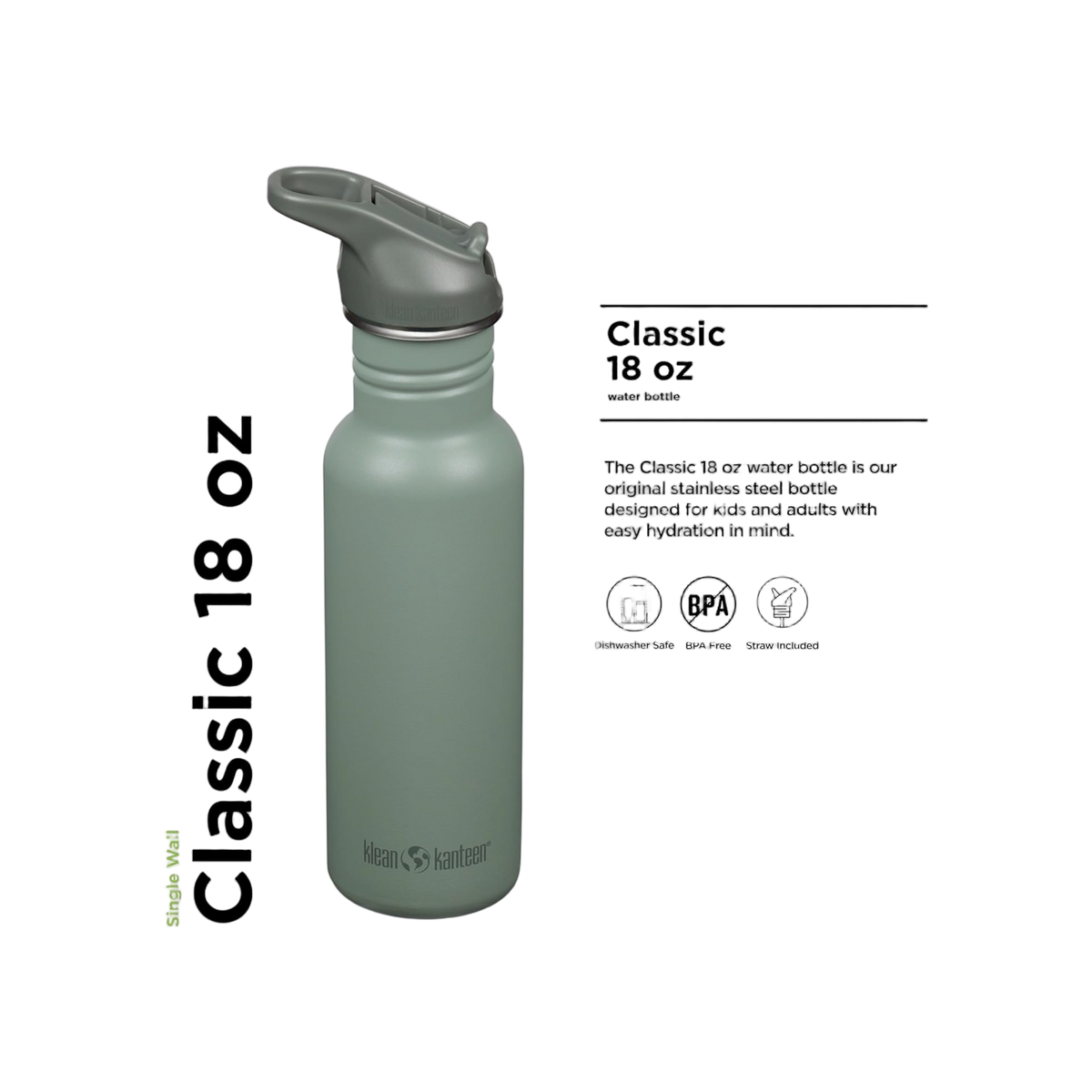 Klean Kanteen Classic Single Wall 532ml/18oz met Flip Seal Sport Cap