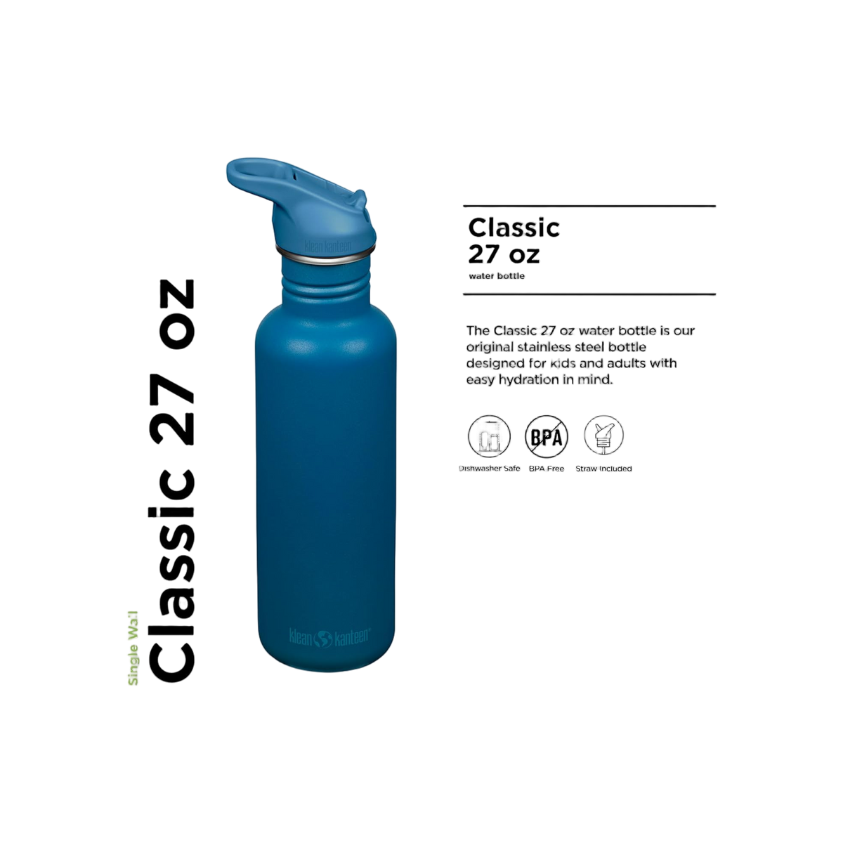 Klean Kanteen Classic Single Wall 800ml/27oz met Flip Seal Sport Cap