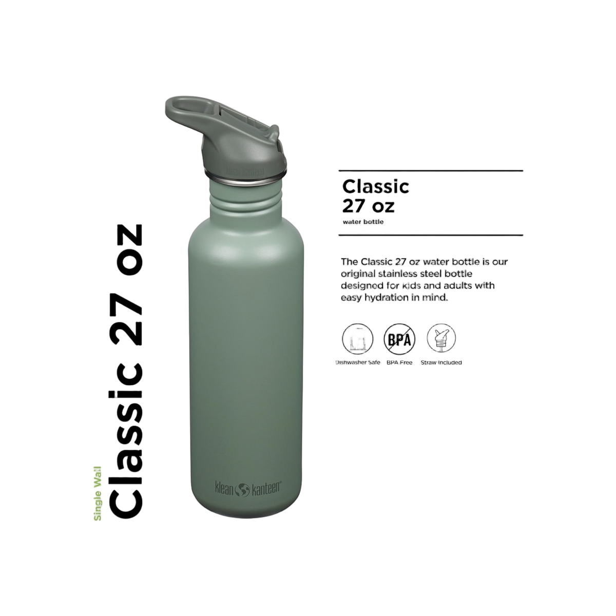 Klean Kanteen Classic Single Wall 800ml/27oz met Flip Seal Sport Cap