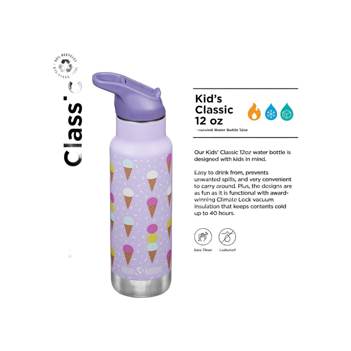 Klean Kanteen Kinder Isolatiefles Classic N met flipsportdop, 355ml/12oz.