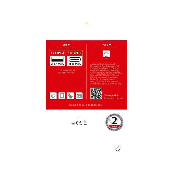 SKROSS Reisstekker Europa 1x USB + 1x USB-C (Front Connection)