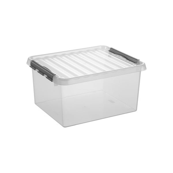 Transparante opbergbox met deksel en grijze clips, stapelbare kunststof container voor huishoudelijke opslag