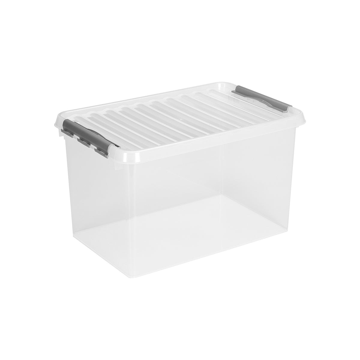 Transparante opbergbox met deksel en grijze clipsluitingen, stapelbare kunststof container
