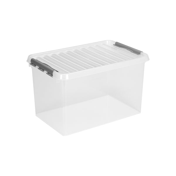 Transparante opbergbox met deksel en grijze clipsluitingen, stapelbare kunststof container