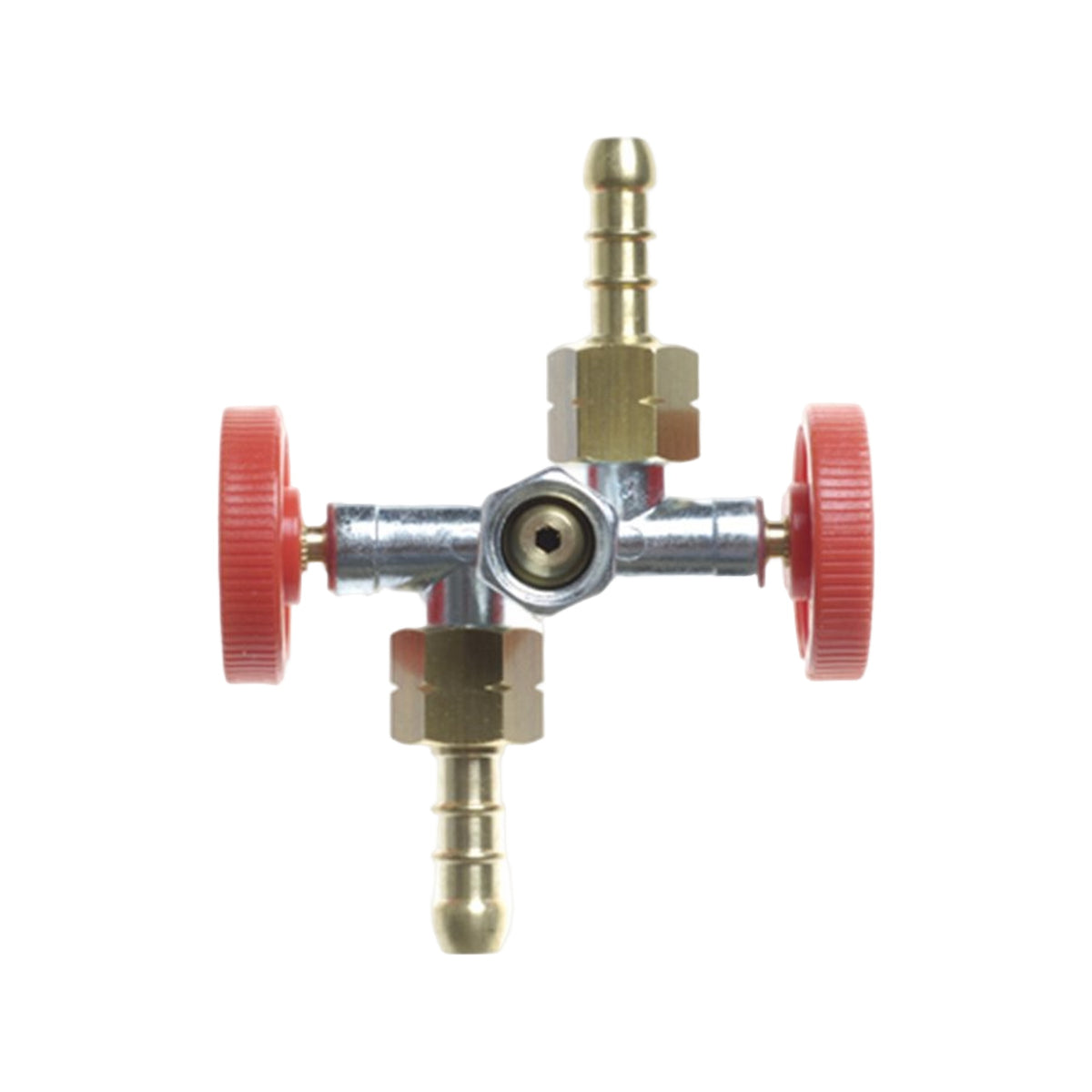 Gimeg Aftakkraan Met Twee Regelkranen 1/4"L Buitendraad X 1/4"L Binnendraad X 1/4"L Buitendraad Messing