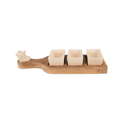 Schaaltjes (3) op houten plank 35x9x7 cm