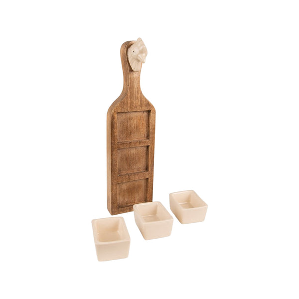 Schaaltjes (3) op houten plank 35x9x7 cm