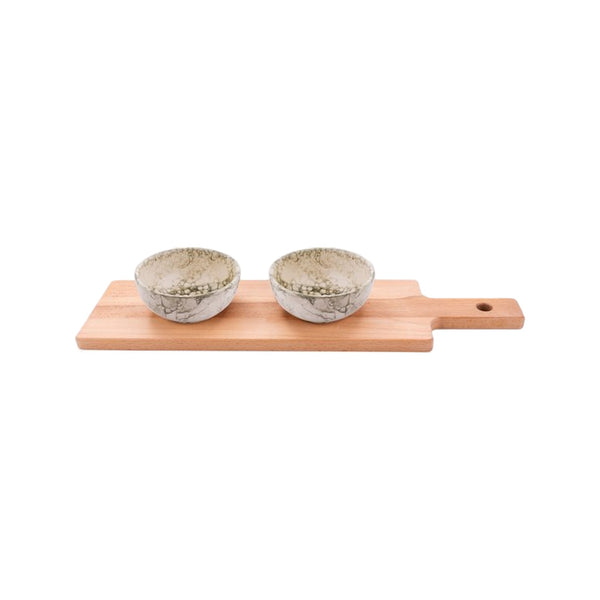 Bowls and Dishes Espuma 2 Groene Schaaltjes 11cm op Houten Plank 46cm