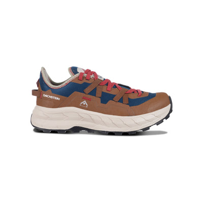Multicolor sneaker met bruin, blauw en rood design, dikke crème zool en moderne trailrunner stijl