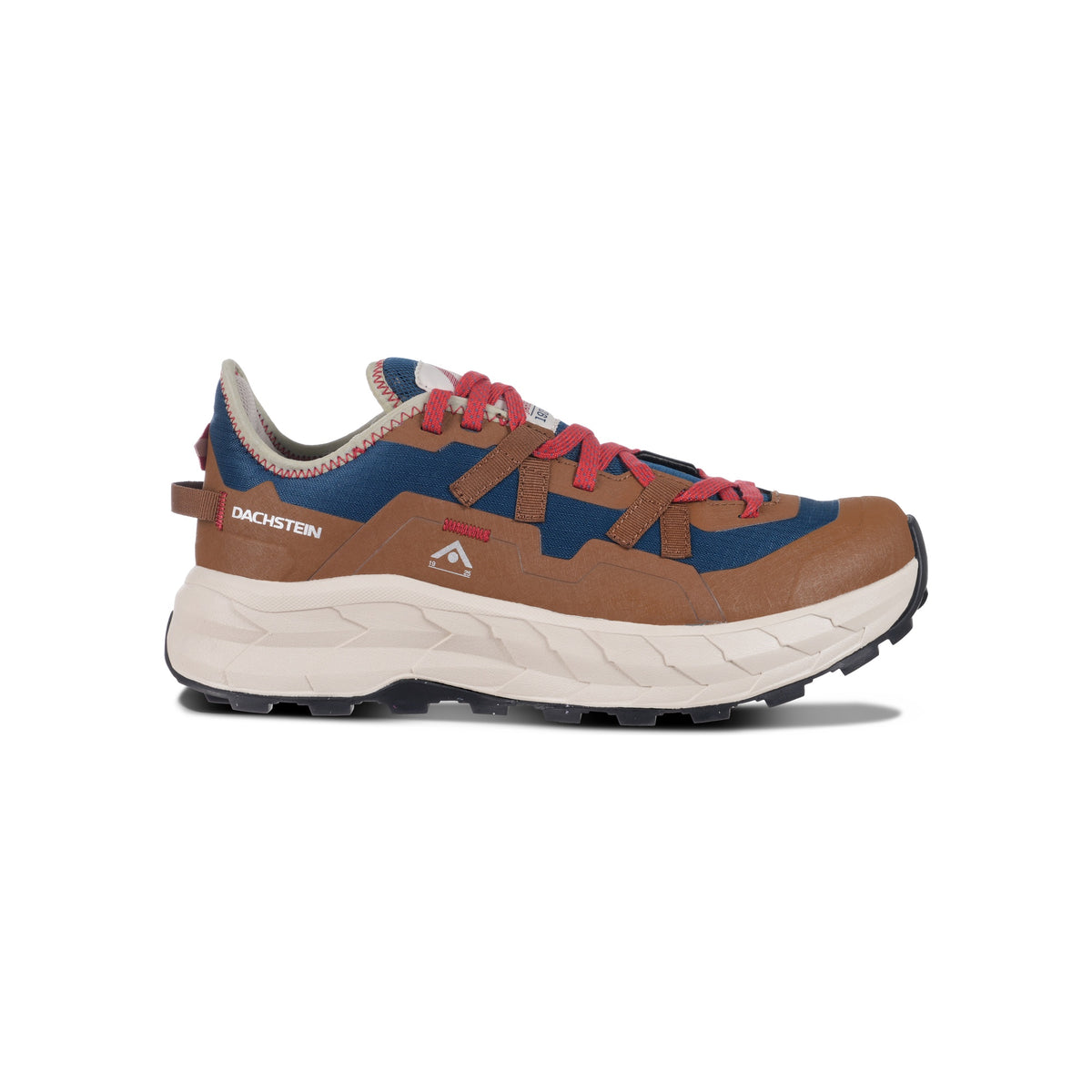 Multicolor sneaker met bruin, blauw en rood design, dikke crème zool en moderne trailrunner stijl