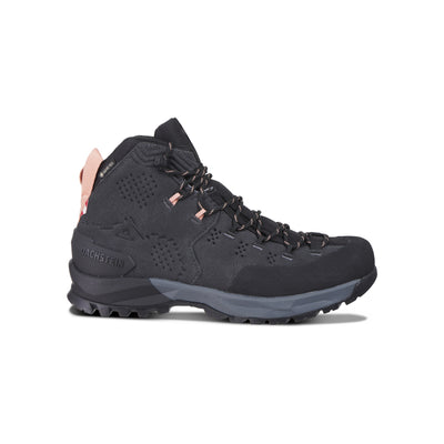 Zwarte wandelschoenen met roze accenten, hoog model met vetersluiting en stevige zool voor outdoor activiteiten