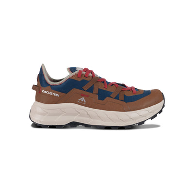 Bruine en blauwe Docksteps sneakers met dikke witte zool en rode veters - zijkant weergave