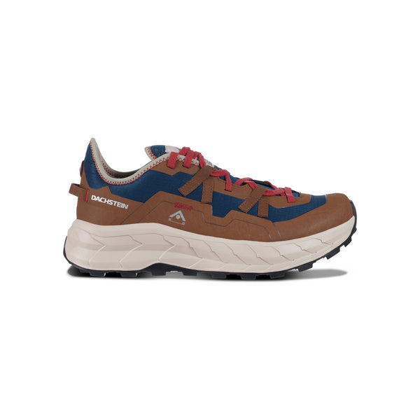 Bruine en blauwe Docksteps sneakers met dikke witte zool en rode veters - zijkant weergave