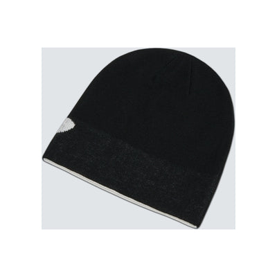 Zwarte omkeerbare beanie muts met grijze rand en label, gebreide wintermuts voor heren en dames