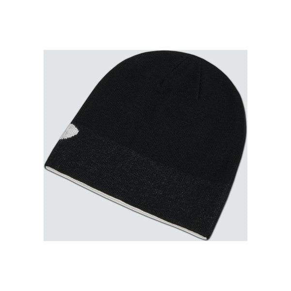 Zwarte omkeerbare beanie muts met grijze rand en label, gebreide wintermuts voor heren en dames