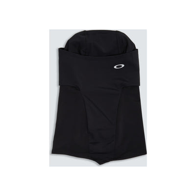 Zwarte nekwarmer met gezichtsmasker en merklogo, sportieve bivakmuts voor outdoor activiteiten