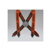 Oranje bretels met zwarte Oakley-logo's en grijze clips, X-vormige achterkant, productfoto op grijze achtergrond