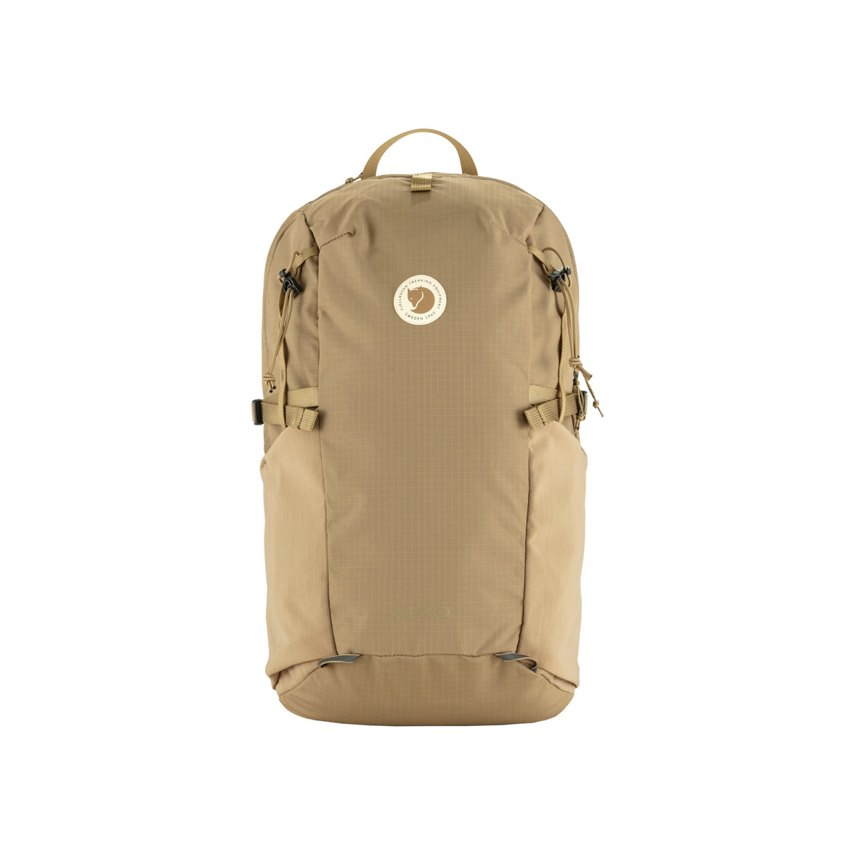 Beige rugzak met compressiestrippen en logo op voorkant, ideaal voor outdoor avonturen