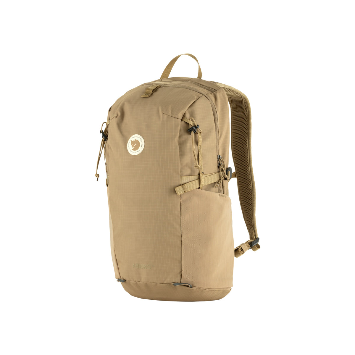Beige outdoor rugzak met voorvak en draaghandvat, zijaanzicht