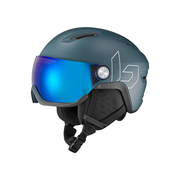 Skihelm met vizier - grijze helm met blauw spiegelend vizier voor wintersport en snowboarden