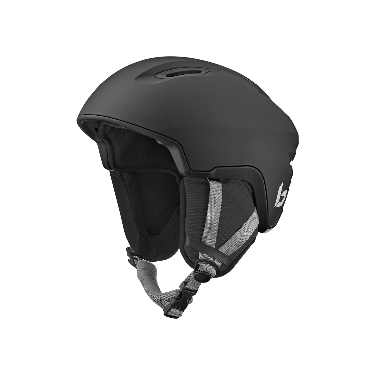 Zwarte ski- en snowboardhelm met verstelbare kinband en ventilatieopeningen