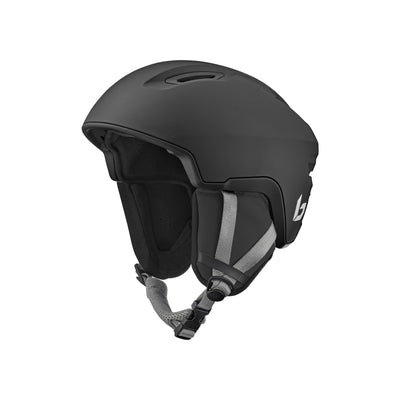 Zwarte ski- en snowboardhelm met verstelbare kinband en ventilatieopeningen
