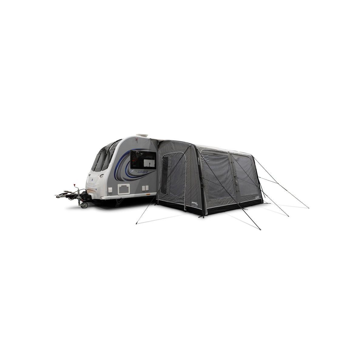 Opblaasbare campervoortent met slaapruimte voor VW bus, grijs met donkergrijze veranda en luifel