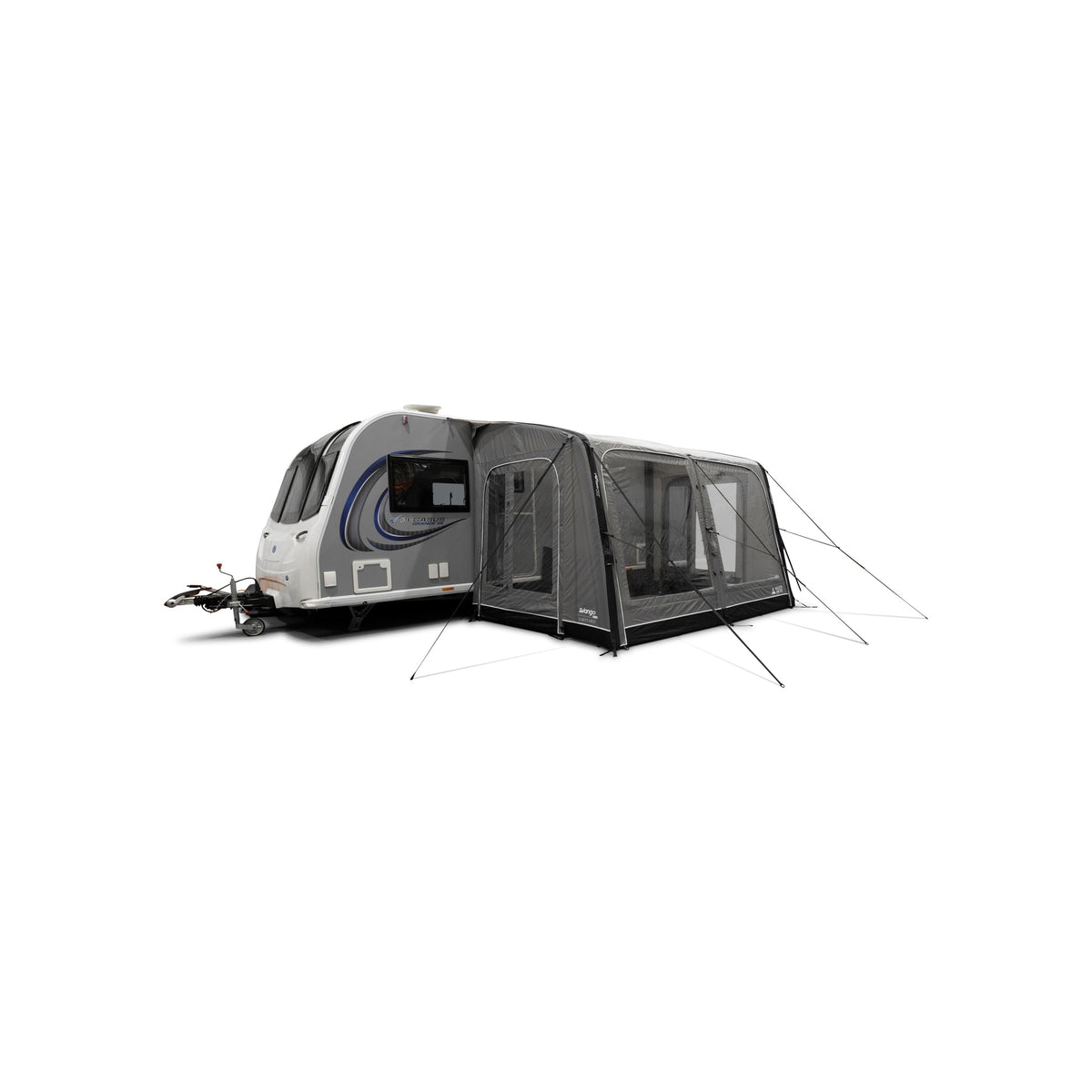 Grijs busvoor tent met mesh ramen voor camper of caravan, vrijstaand opzetmodel met grondzeil