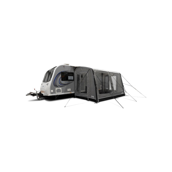 Grijs busvoor tent met mesh ramen voor camper of caravan, vrijstaand opzetmodel met grondzeil