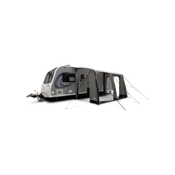 Zwarte opblaasbare caravan voortent met panoramaramen en zij-ingang voor kampeervakantie