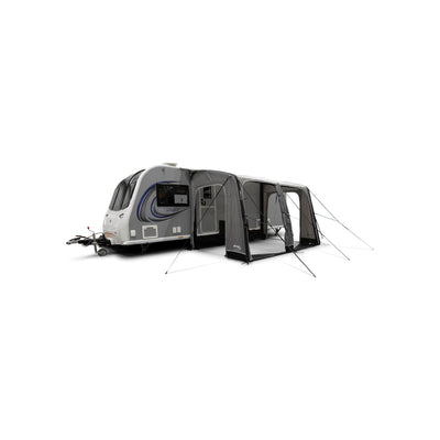 Zwarte opblaasbare caravan voortent met panoramaramen en zij-ingang voor kampeervakantie