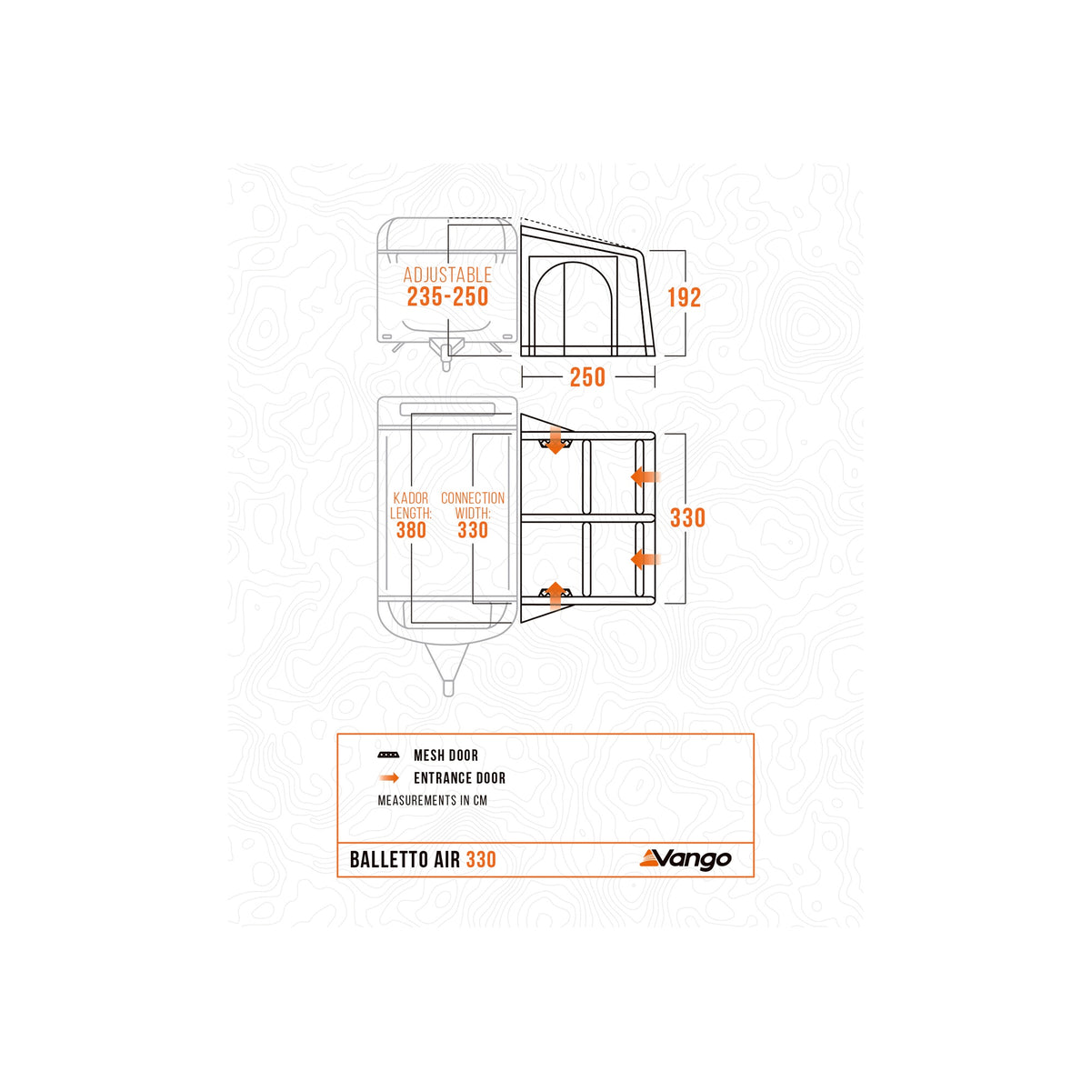 Vango Balletto Air 330 tunneltent maattekening met afmetingen 235-250cm en deurindicaties