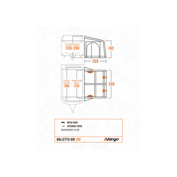 Vango Balletto Air 330 tunneltent maattekening met afmetingen 235-250cm en deurindicaties