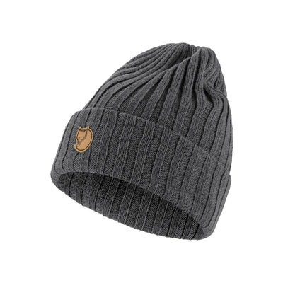 Donkergrijze gebreide muts met omslag en leren logo patch