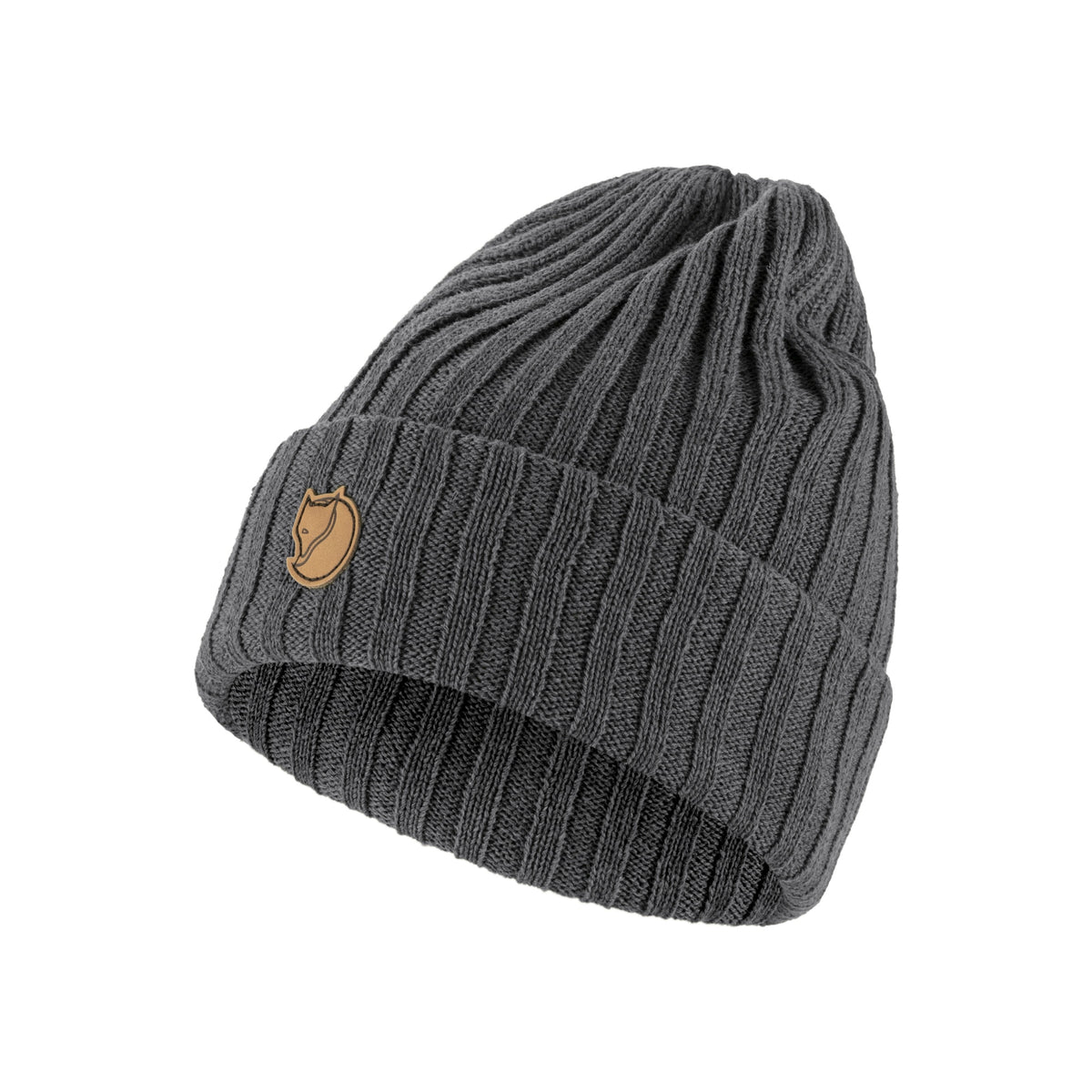 Donkergrijze gebreide muts met omslag en leren logo patch