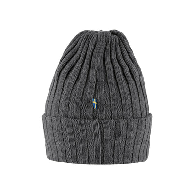 Grijze geribbelde gebreide muts met omgeslagen rand en blauw logo accent