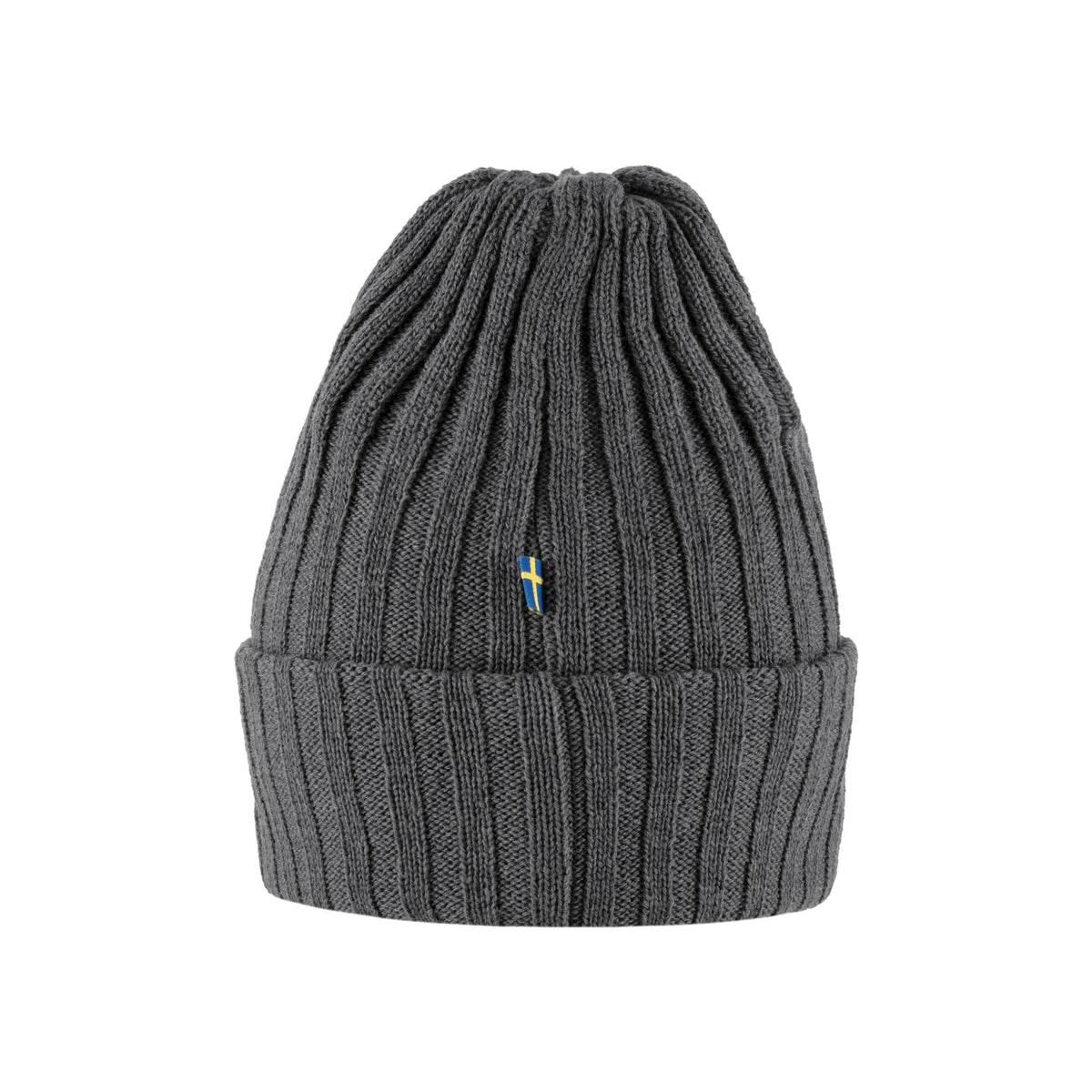 Grijze geribbelde gebreide muts met omgeslagen rand en blauw logo accent