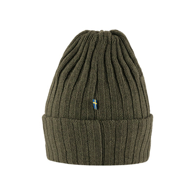 Olijfgroene geribbelde gebreide muts met omgeslagen rand en blauw logo