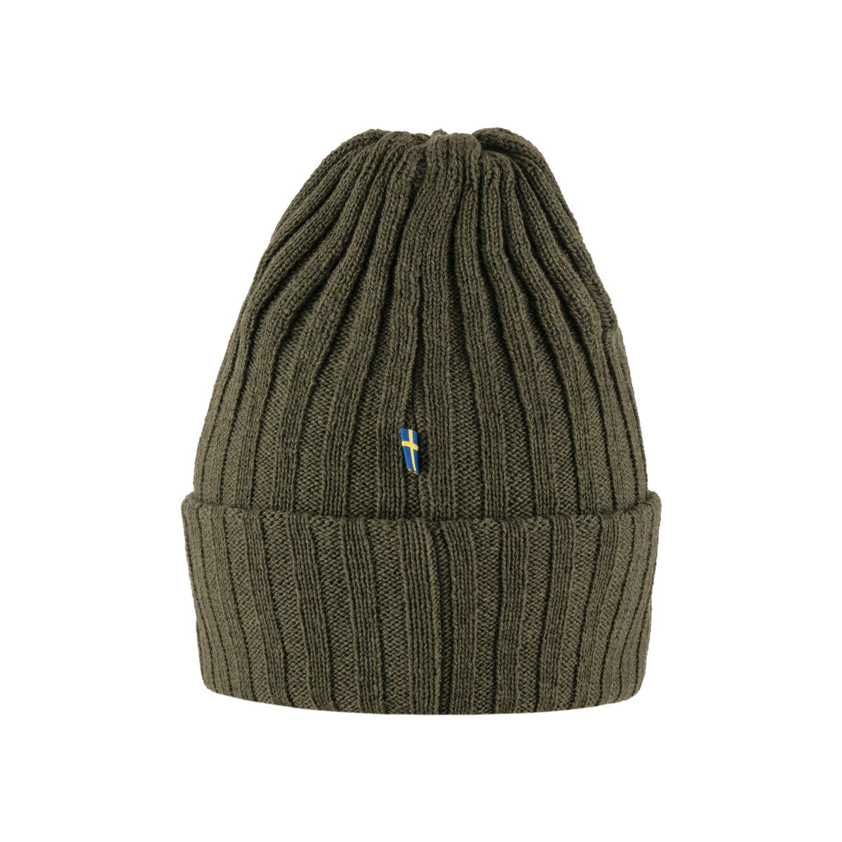 Olijfgroene geribbelde gebreide muts met omgeslagen rand en blauw logo